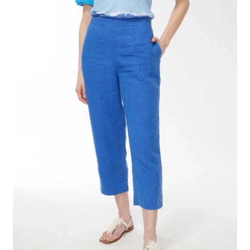 NWT Chico’s Pull On Elastic Linen Button Hem Crop Pants Indigo SZ 2 (US 12) $90